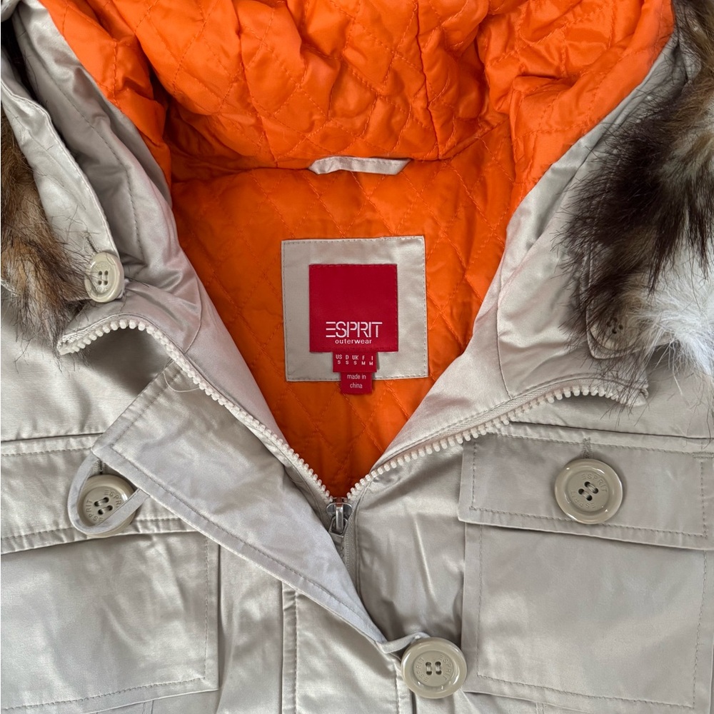 Esprit Cream Puffer Jacket with Faux Fur Hood - Picture 2 of 7